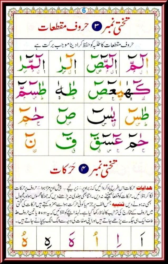 Noorani Qaida — reading practice with Harakat vowel signs